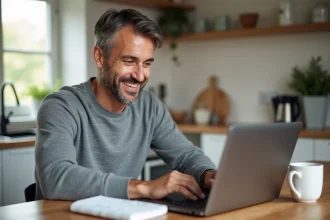 Un homme belge compare des devis de travaux en ligne sur son ordinateur portable depuis sa cuisine