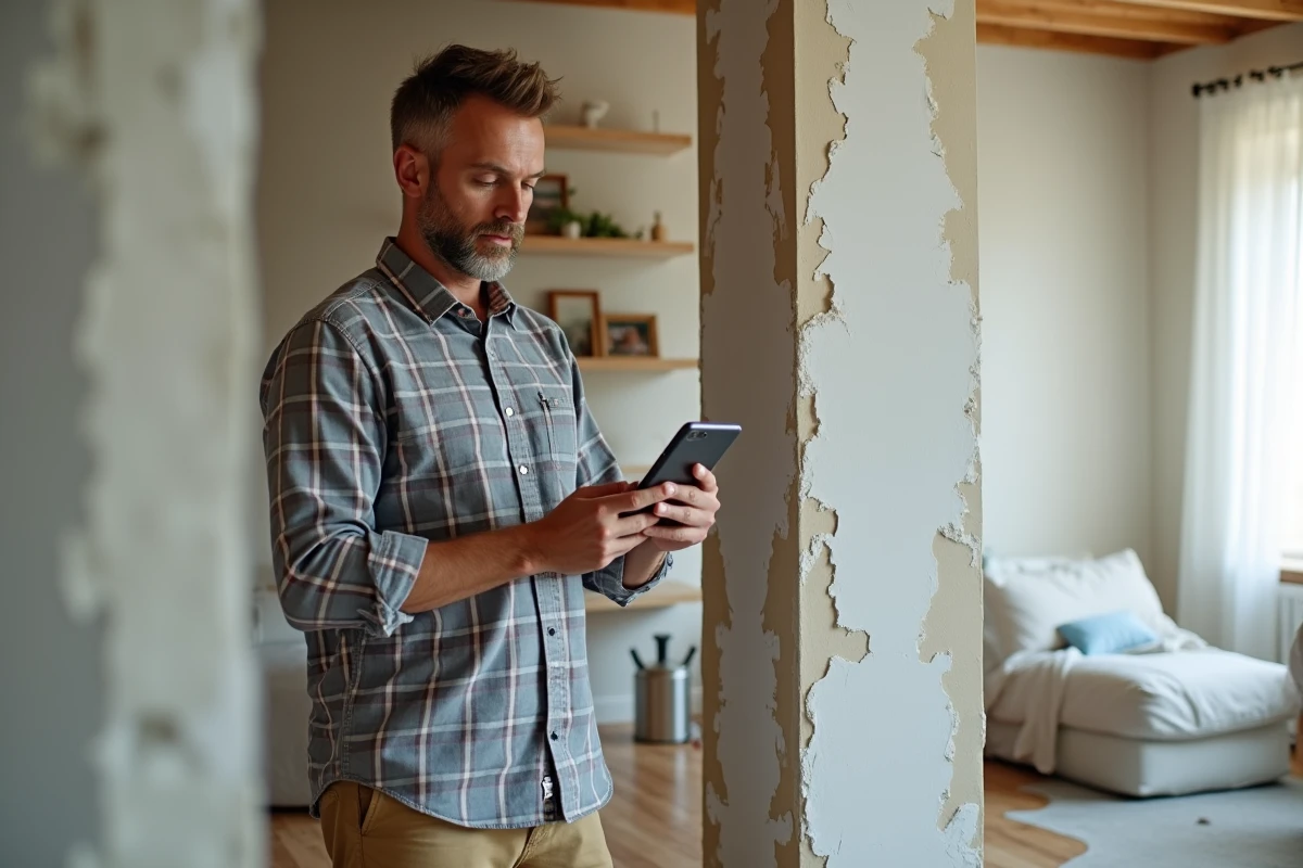Homme vérifiant un budget de rénovation avec son smartphone