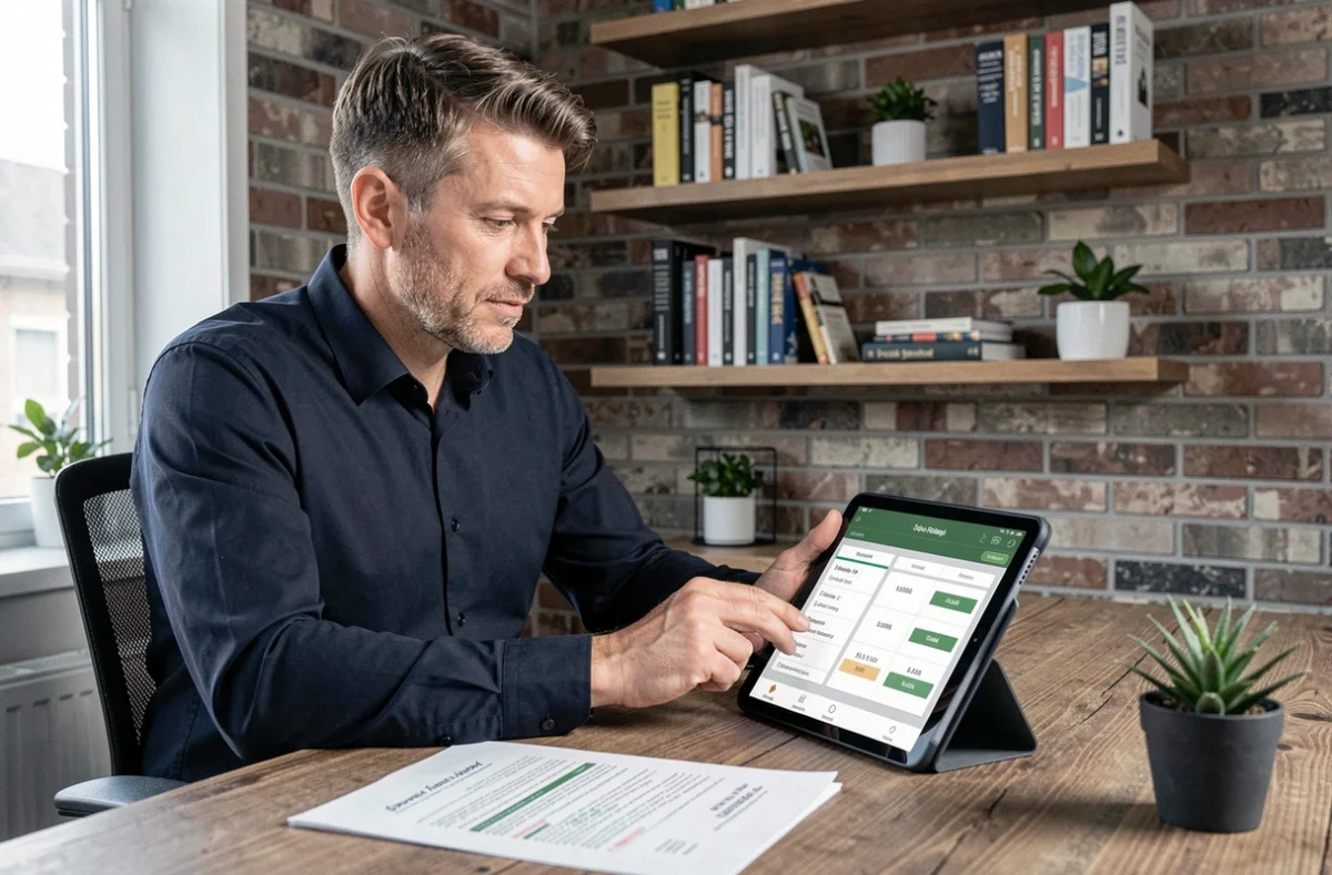 Homme comparant les abonnements et tarifs de l'application lamaison360 sur une tablette dans un bureau à domicile