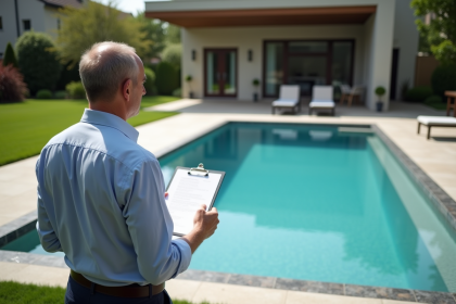 Homme d'âge moyen observant deux piscines dans un jardin