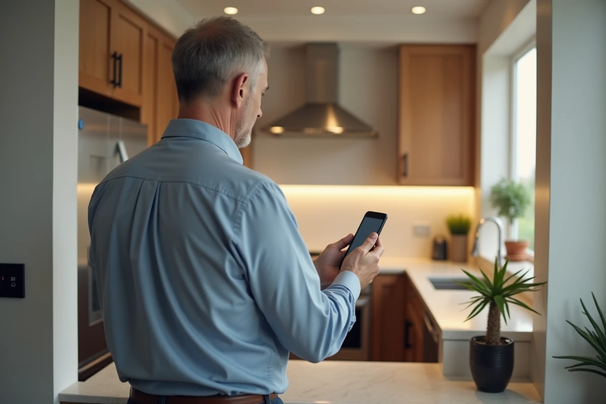 Homme contrôlant la lumière dans une cuisine moderne avec smartphone