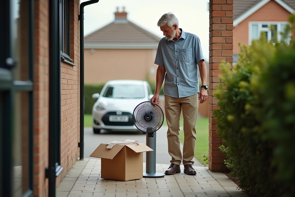 Homme retraité déballant un ventilateur devant sa maison