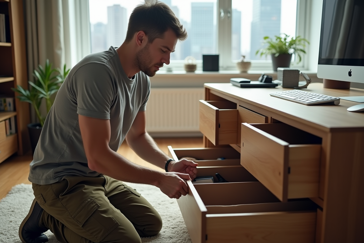 Homme scellant une boîte dans un bureau moderne