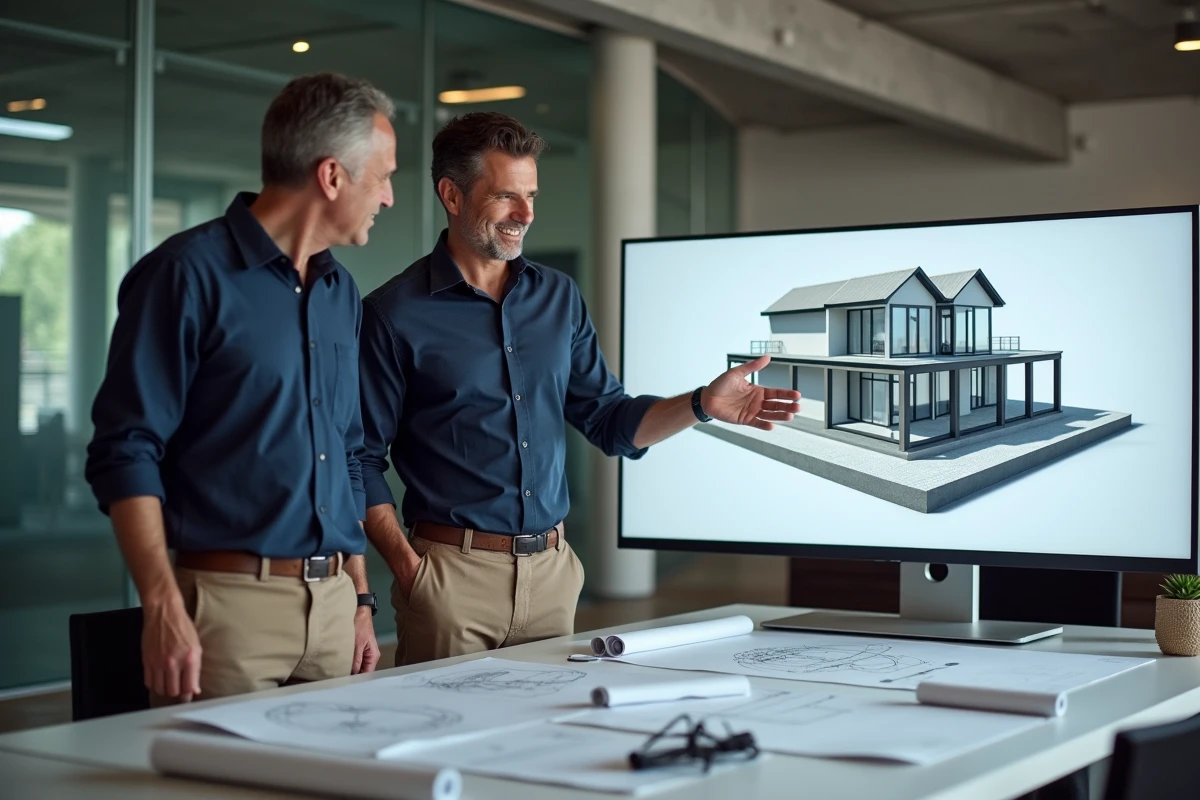 Homme en réunion expliquant un plan 3D à un collègue