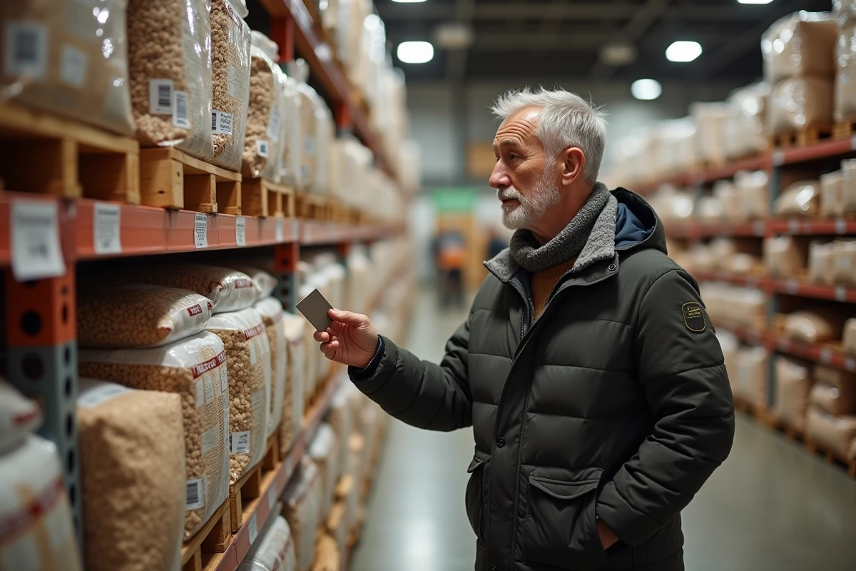 Homme examinant un pallet de pellets en magasin