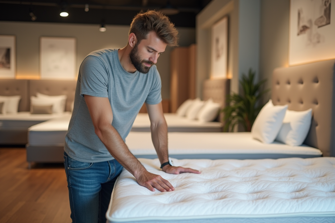 Homme en t-shirt gris examine un matelas dans un magasin moderne