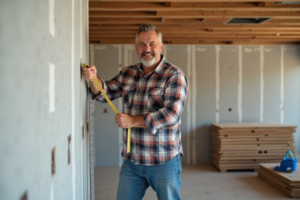 Homme mesurant un mur dans une rénovation maison