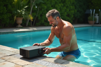 Homme en maillot et t-shirt de maintenance au bord de la piscine
