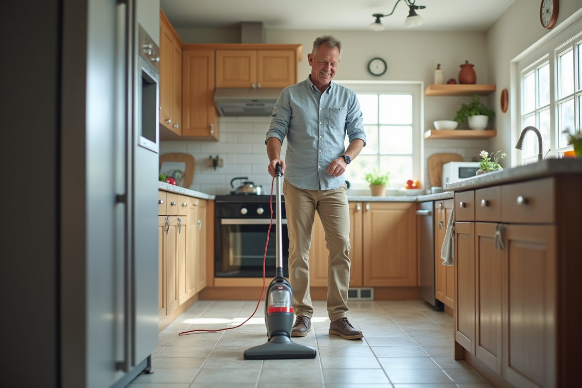 Homme utilisant un nettoyeur vapeur dans une cuisine propre