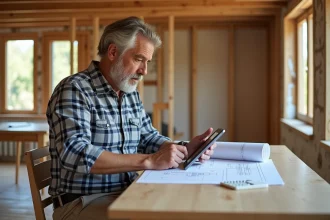 Homme d'âge moyen utilisant une calculatrice de résistance sur une tablette dans une maison écologique