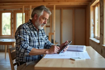 Homme d'âge moyen utilisant une calculatrice de résistance sur une tablette dans une maison écologique