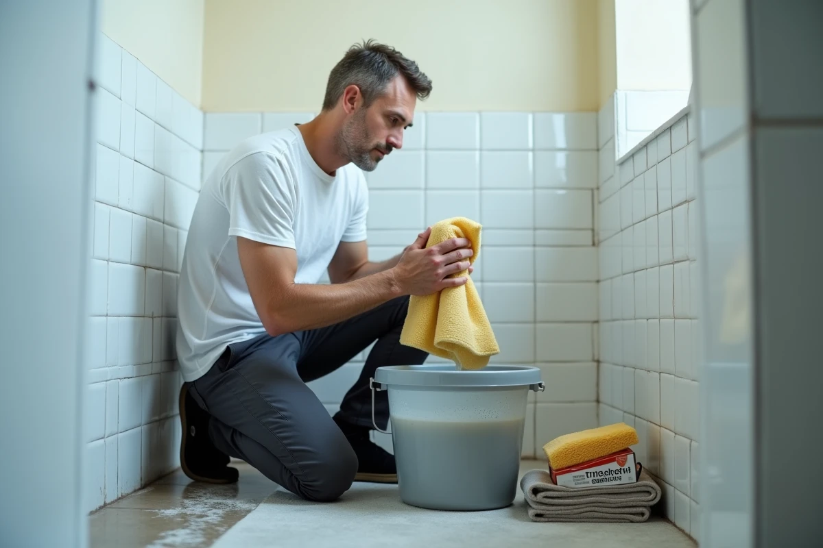 Homme préparant sa solution de lessivage avec éponge et seau dans une salle de bain avant peinture