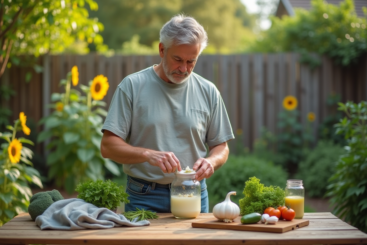 Homme mélangeant ingrédients naturels dans un jarre en jardin