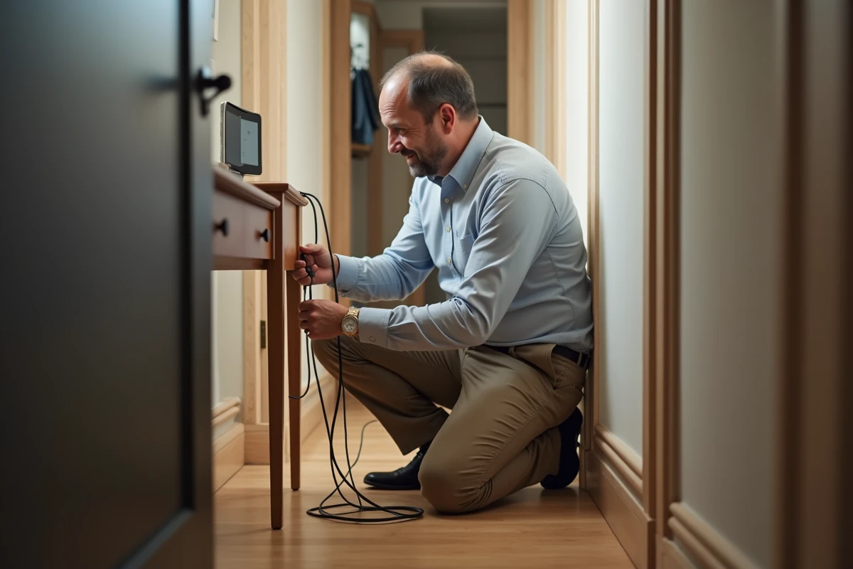 Homme arrangeant discrètement des câbles de téléphone derrière un meuble