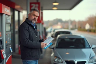 Homme d'âge moyen vérifiant un reçu de carburant à la station