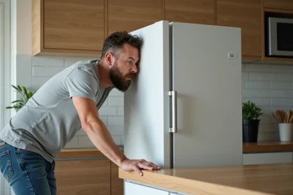 Homme d'âge moyen vérifiant la stabilité du réfrigérateur dans la cuisine