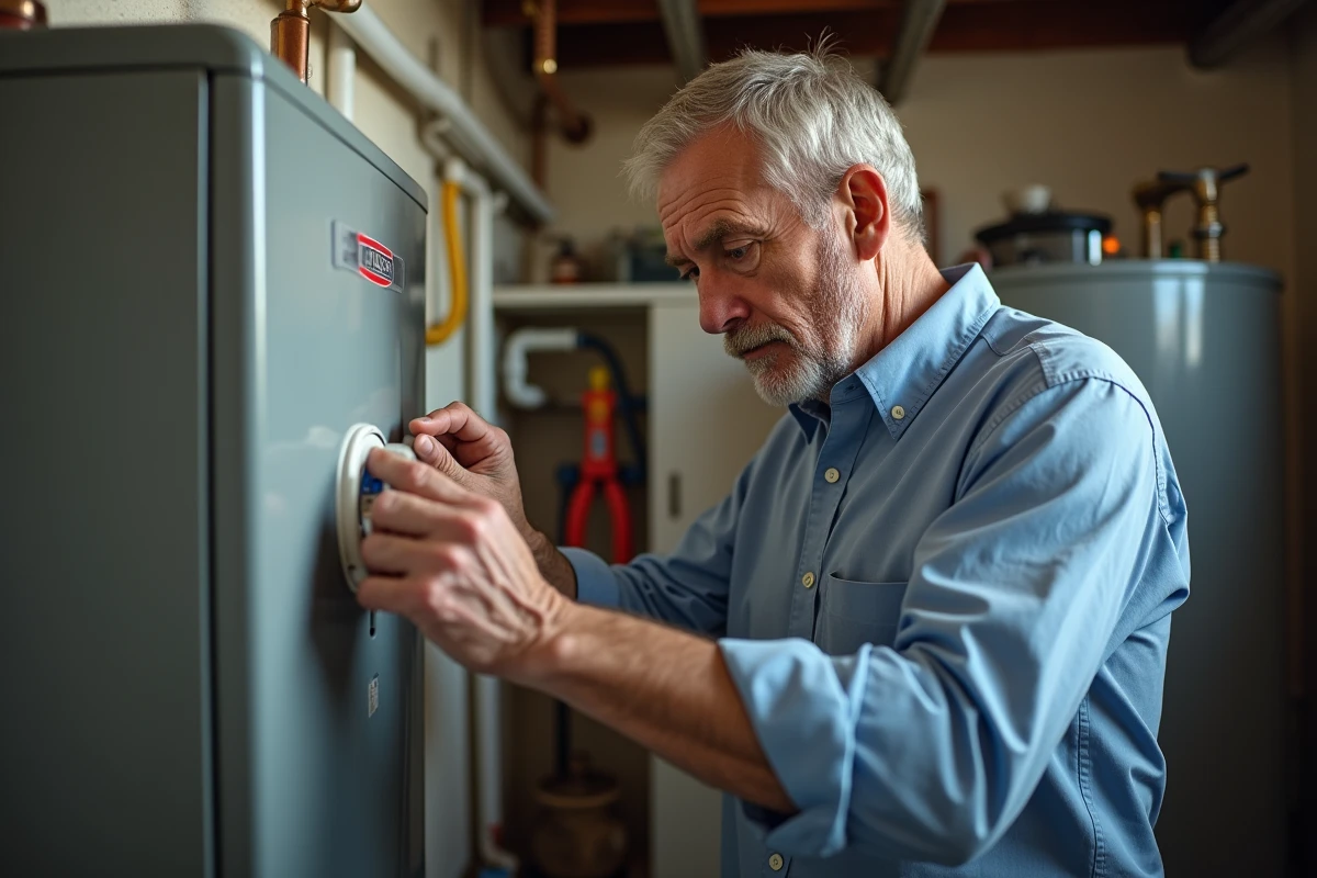 Homme contrôlant le panneau de chauffage d