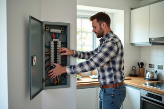 Homme d'âge moyen réinitialisant un disjoncteur dans une cuisine moderne