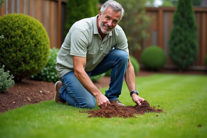 Homme d'âge moyen en jeans taillant la pelouse verte