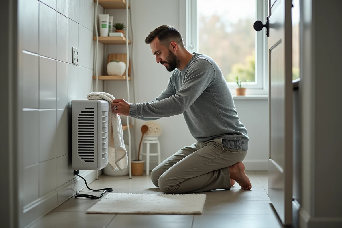 Homme attrape une serviette chaude sur un radiateur électrique