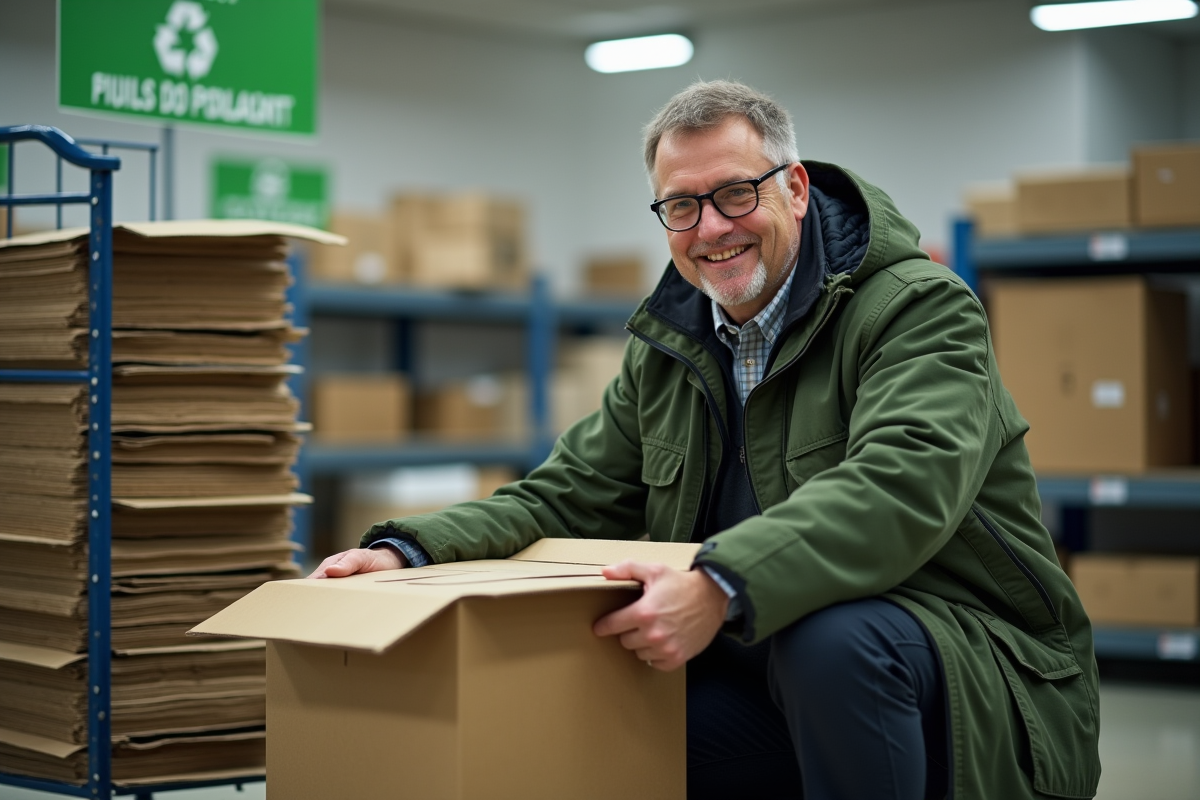 Homme en parka pliant une grande boîte en centre de recyclage intérieur