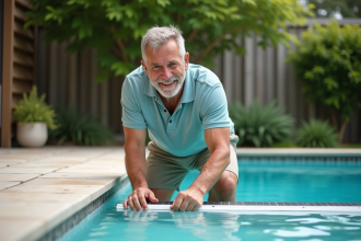 Homme vérifiant la couverture solaire de la piscine