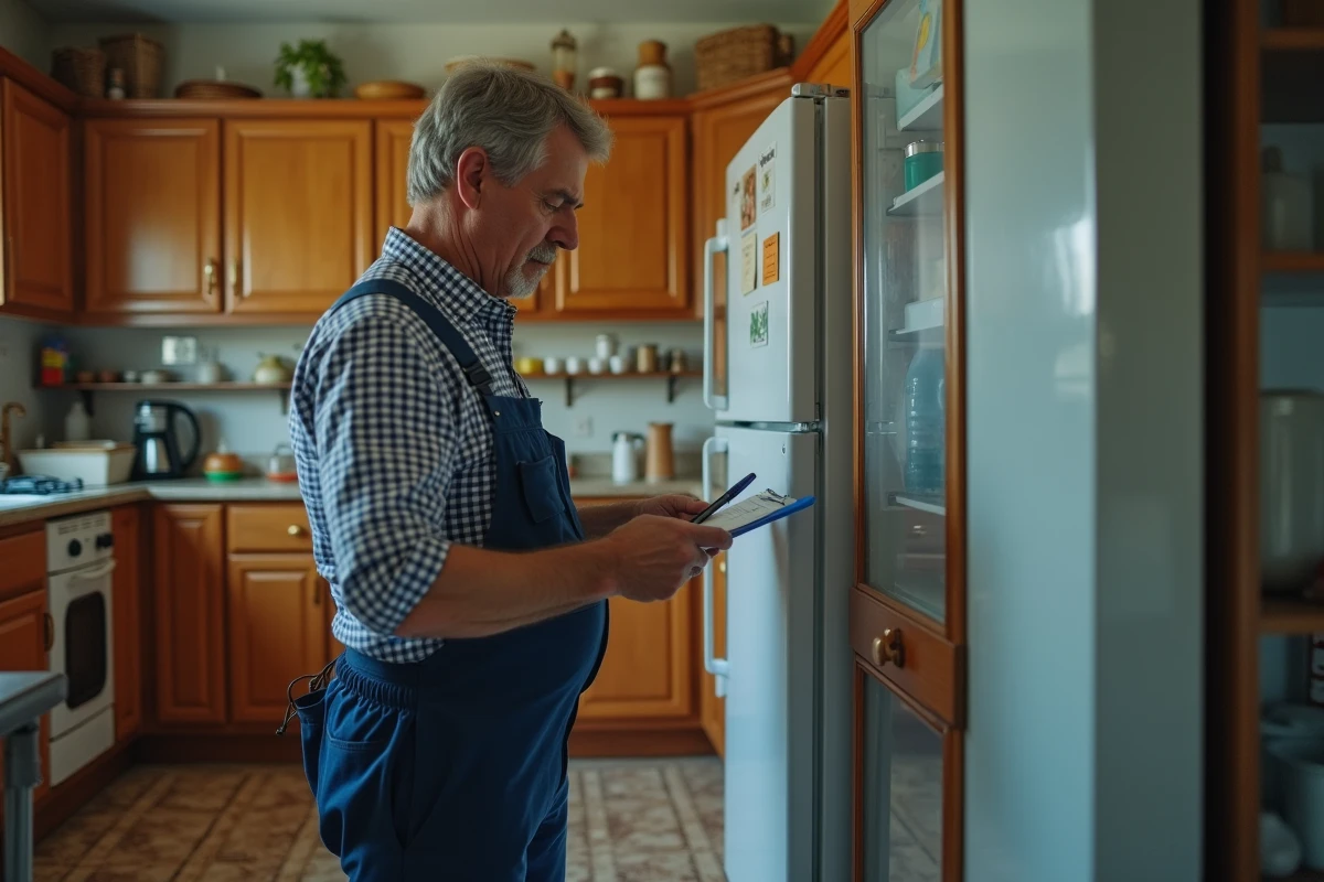 Homme vérifiant le frigo avec une liste dans une cuisine chaleureuse