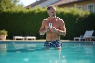 Homme d'âge moyen vérifiant un thermomètre de piscine en extérieur
