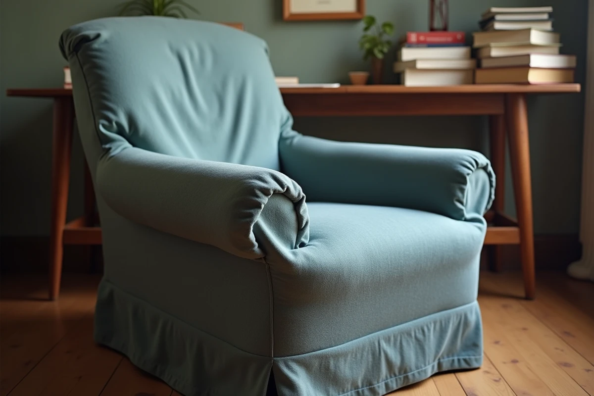 Housse extensible mal ajustée sur un fauteuil club avec des plis et un ourlet relevé, illustrant une erreur courante