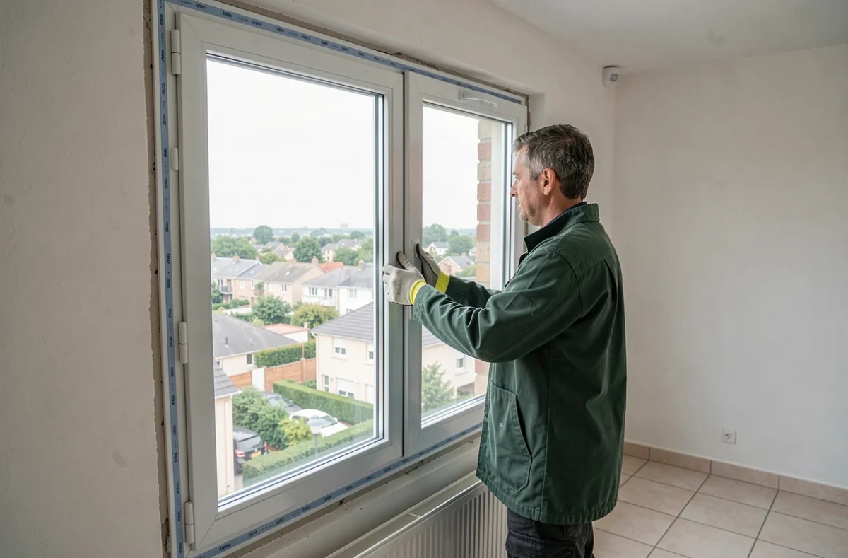 Installateur d'ID Fenêtres et Fermetures posant une fenêtre à double vitrage dans un appartement du 93