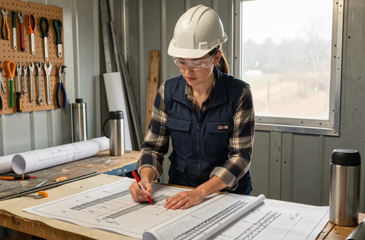 Ingénieure de chantier annotant des plans de ferraillage et d'épaisseur de dalle pour calculer le volume de béton nécessaire