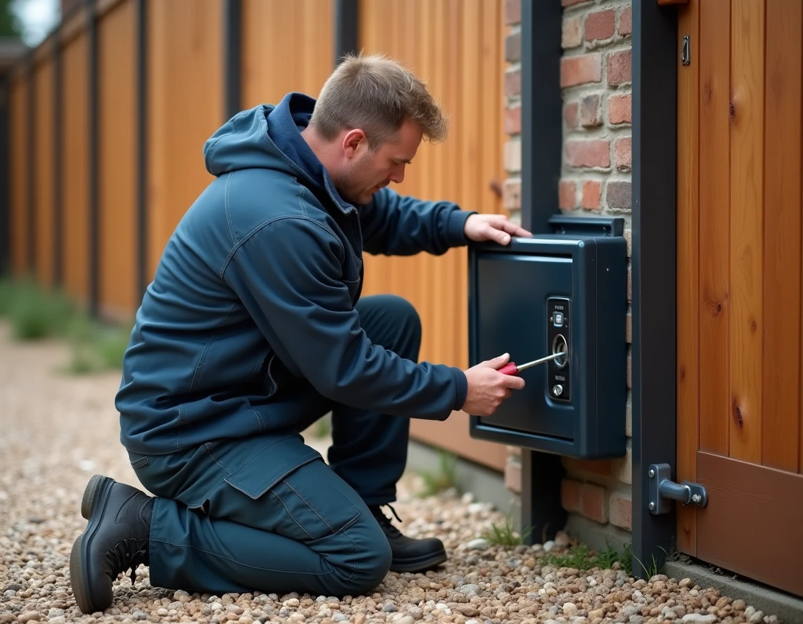 Serrurier professionnel installant une boîte à clés murale sécurisée avec code sur un pilier extérieur de portail