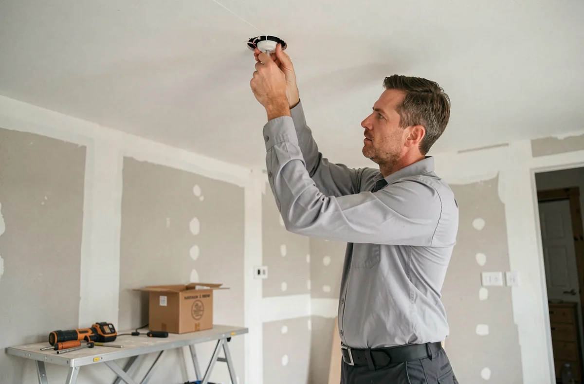 Électricien installant une ampoule spot encastrable LED dans un plafond en plâtre lors de travaux de rénovation de cuisine