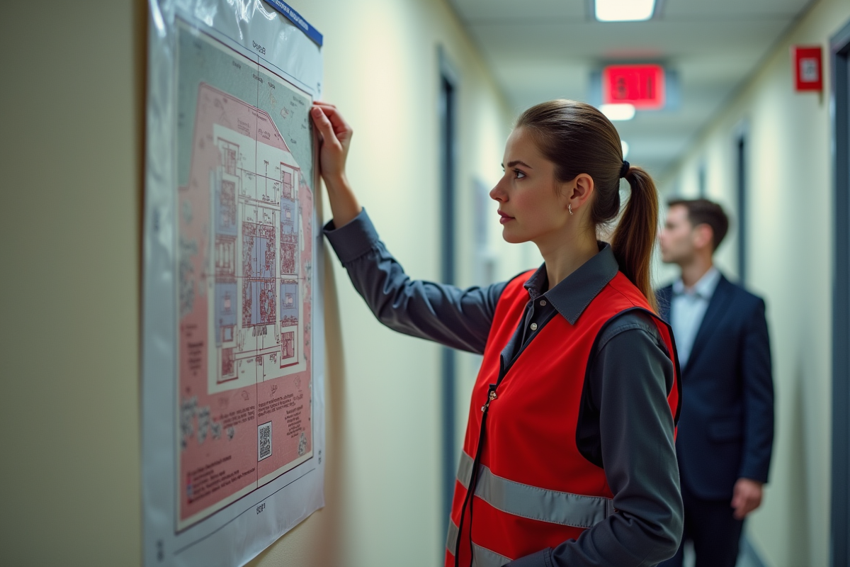 Jeune agent de sécurité pose une carte d evacuation sur le mur