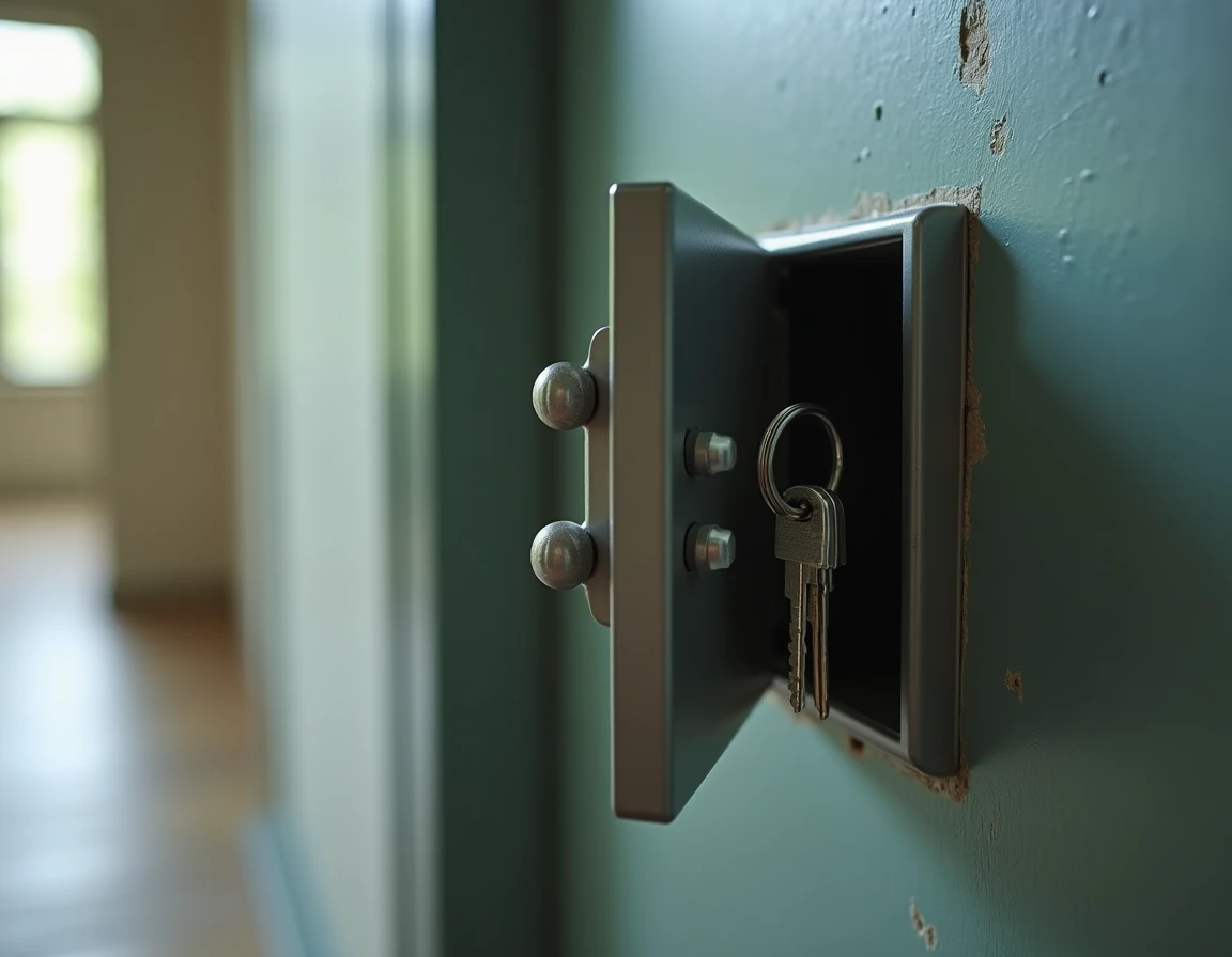 Intérieur d'une boîte à clés sécurisée murale ouverte montrant les clés stockées et les renforts anti-effraction