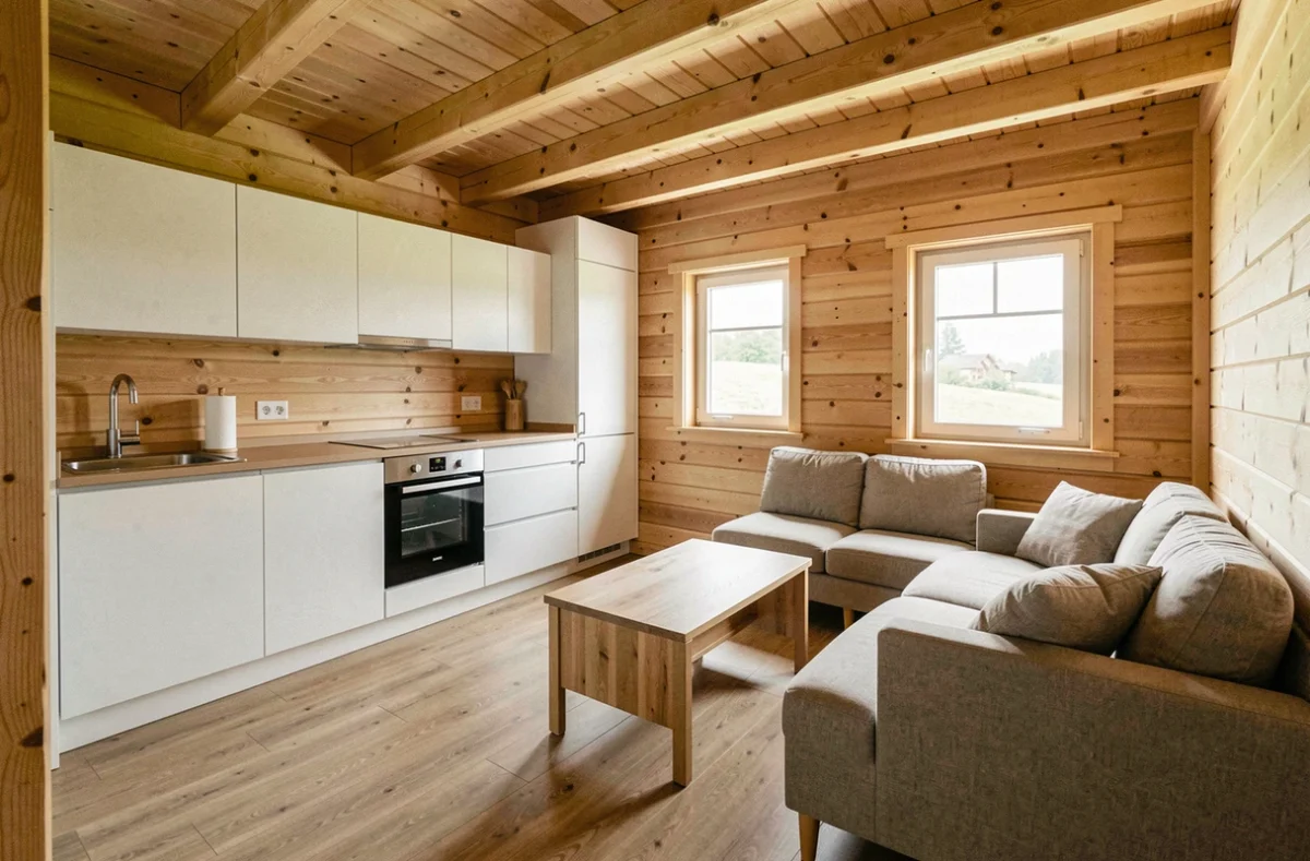 Intérieur d'un chalet en bois préfabriqué 80m2 avec salon et cuisine ouverts
