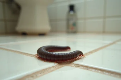 Iule mille-pattes traversant le carrelage humide d'une salle de bain domestique
