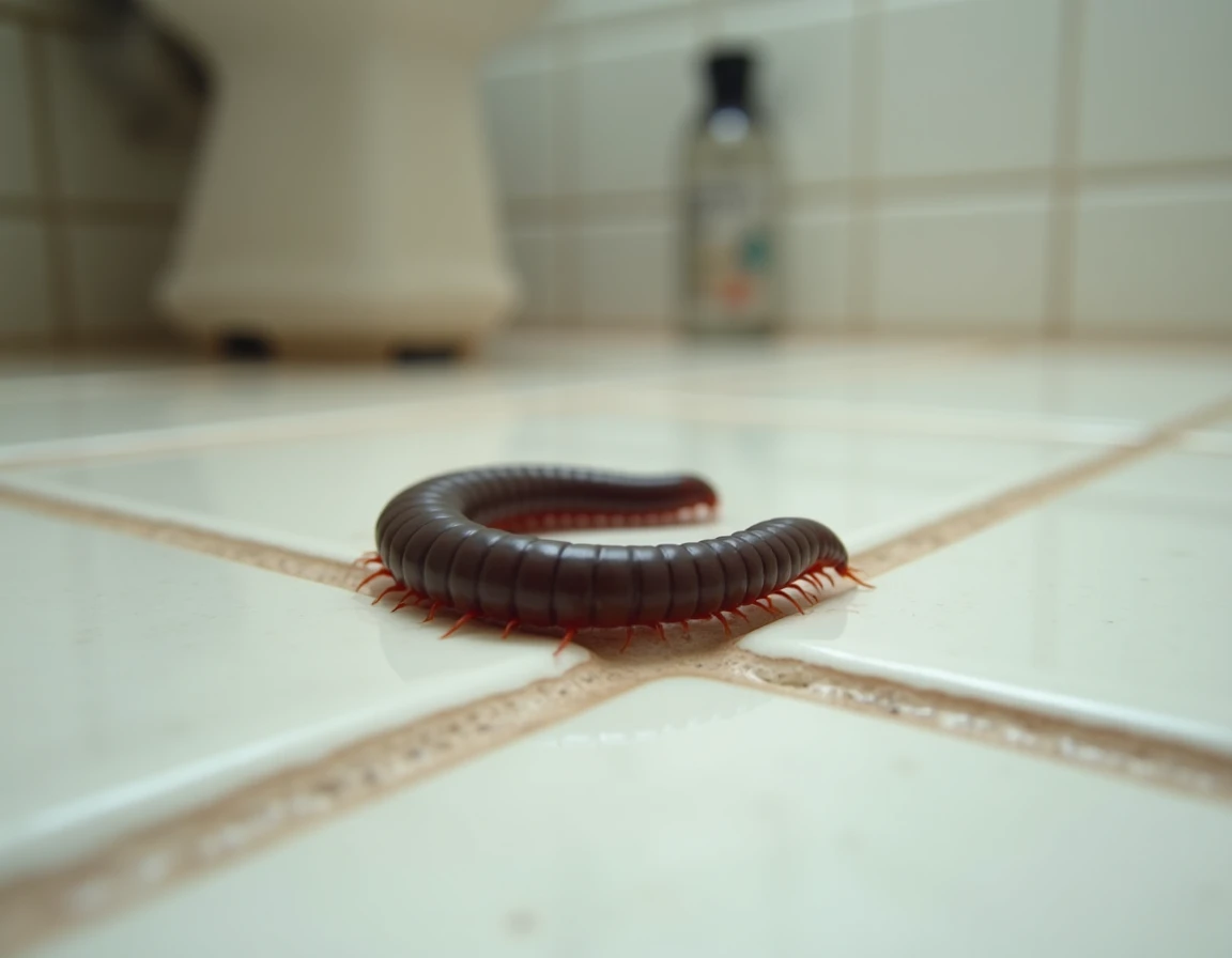 Iule mille-pattes traversant le carrelage humide d'une salle de bain domestique