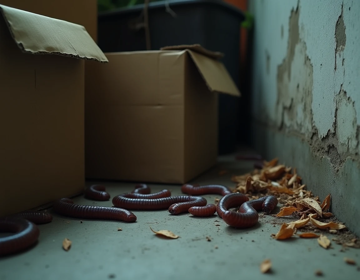 Plusieurs iules regroupés dans un coin humide de sous-sol près de cartons et de débris végétaux