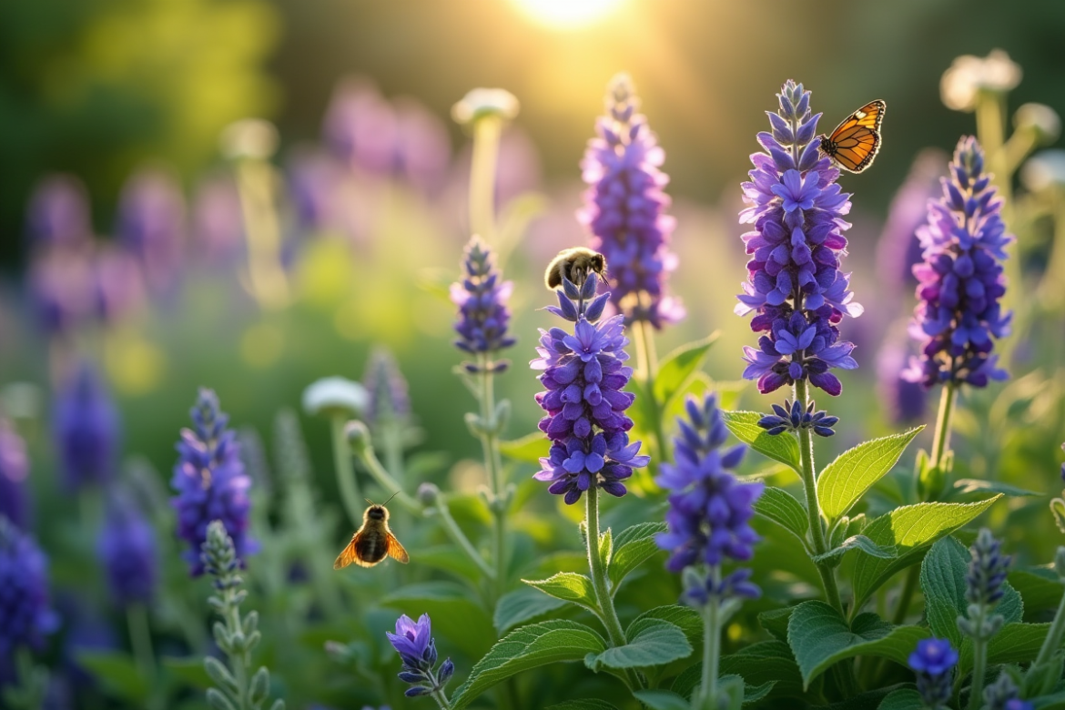 Nepeta en fleurs dans un jardin ensoleille avec abeilles et papillons