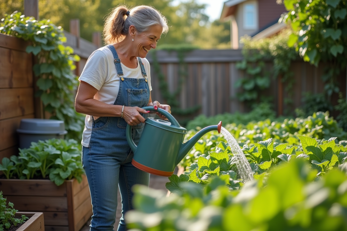 Femme souriante arrosant un jardin avec eau recyclée