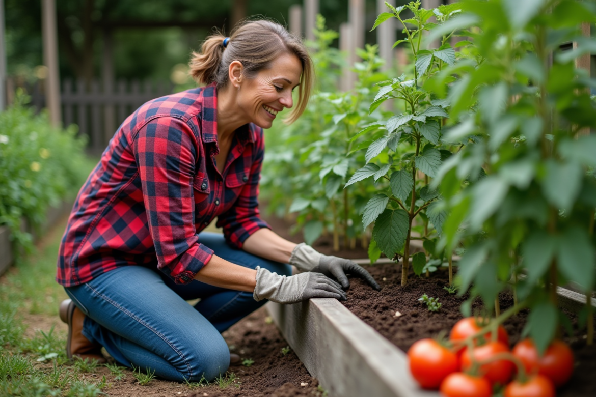 Femme en jeans et chemise rouge compostant près de tomates
