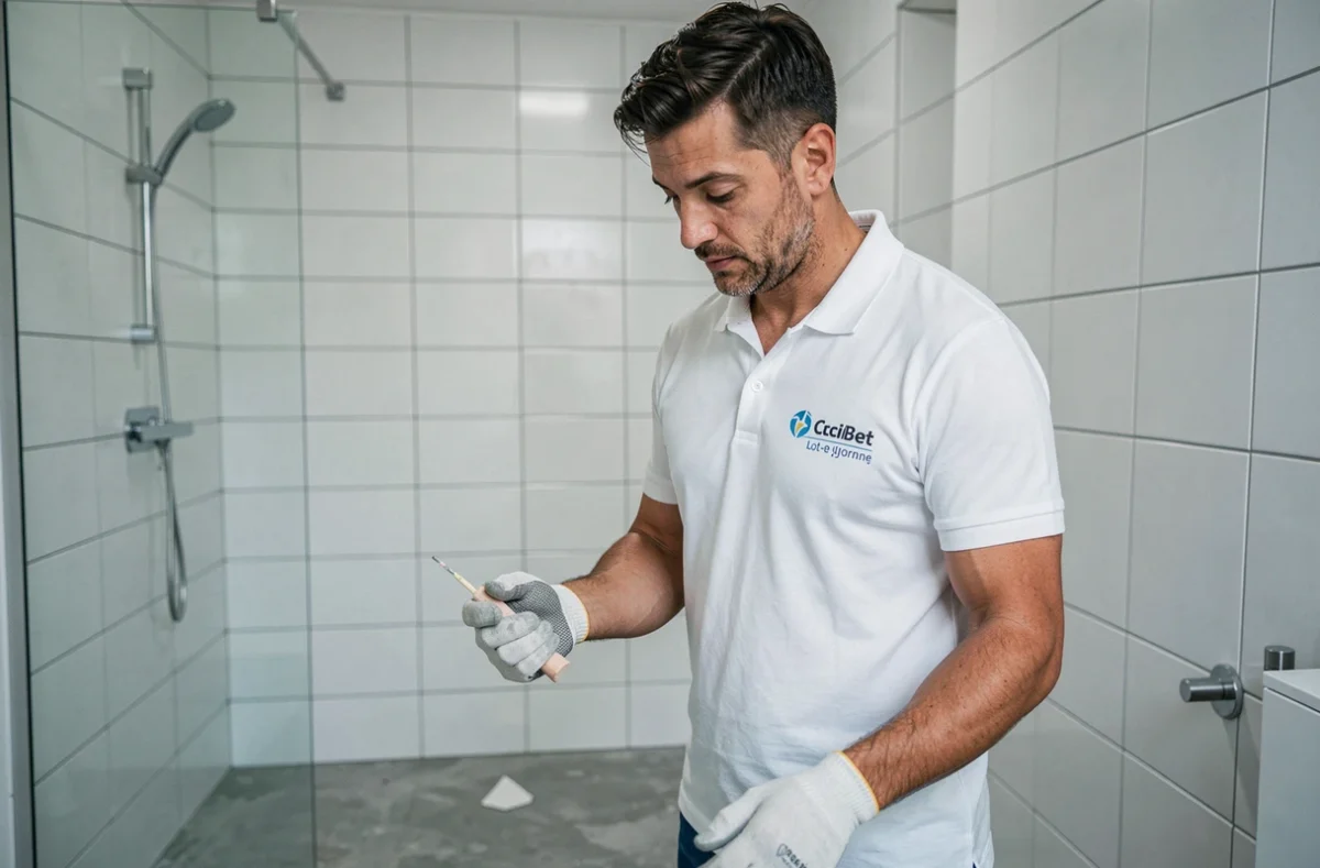Artisan de l'entreprise J.B.C.M inspectant une salle de bain rénovée avec carrelage moderne dans une maison du Lot-et-Garonne