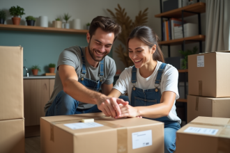 Jeune couple emballant des cartons recyclés dans un appartement