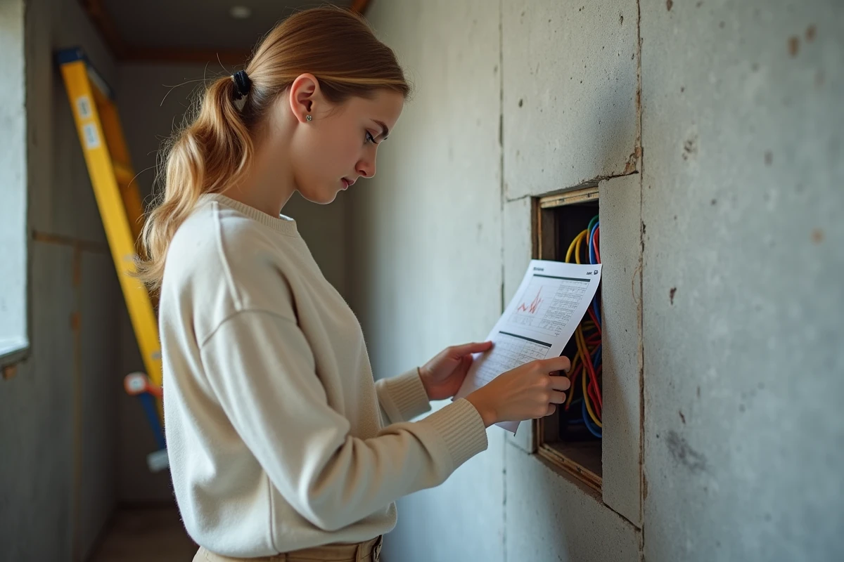 Étudiante en électrique installe câbles dans une pièce en construction