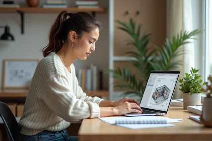 Jeune femme en bureau dessinant une maison en 3D sur son ordinateur