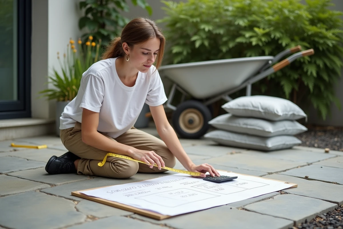 Jeune femme mesurant une surface de sol en extérieur