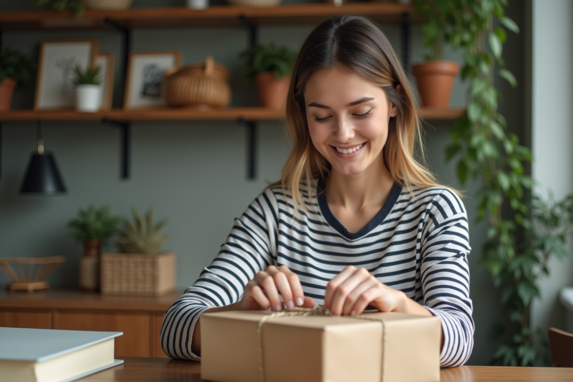 Jeune femme emballant des livres avec du papier kraft