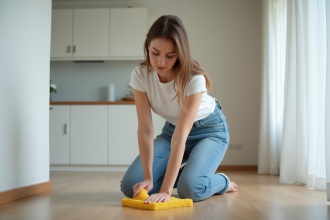 Jeune femme nettoyant un sol en bois dans un appartement moderne