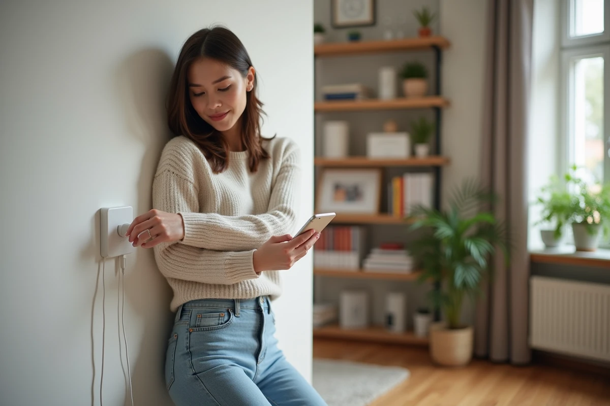 Jeune femme organise un câble de téléphone dans un salon moderne